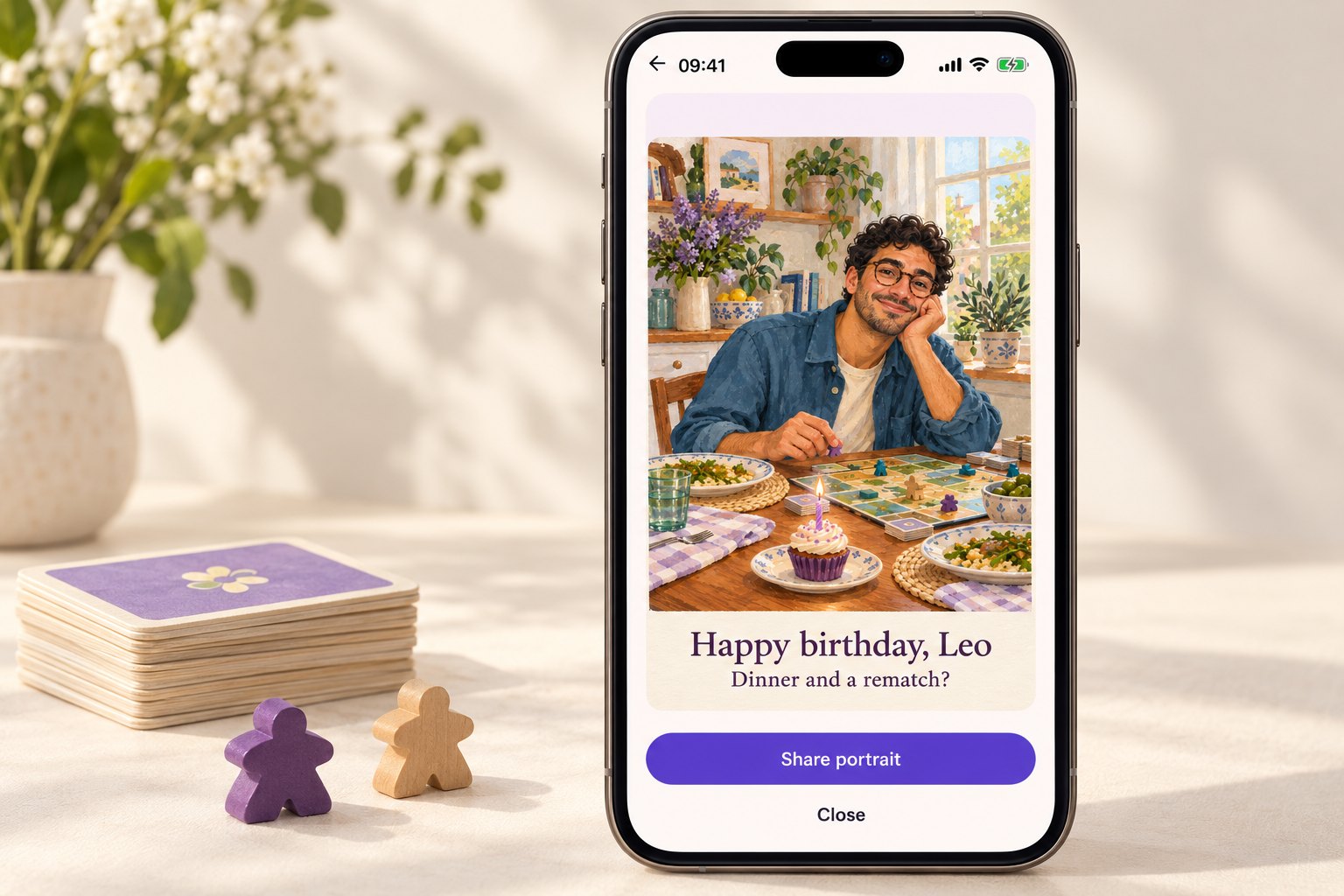 شاشة النتيجة في HoorayTime تعرض بطاقة عيد ميلاد مرسومة جديدة لليو مع لعبة لوحية وزر Share portrait.