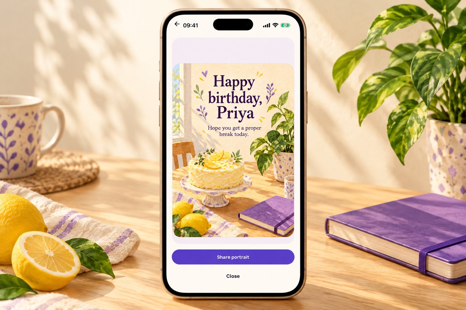 HoorayTime result screen showing a fresh lemon-cake birthday card for Priya and the Share portrait button.