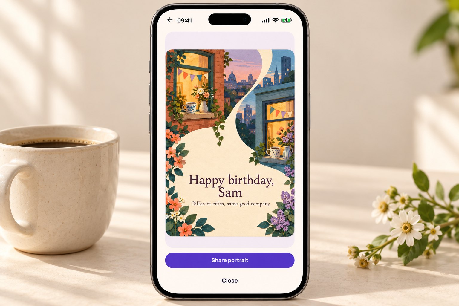L’écran de résultat de HoorayTime avec une nouvelle carte pour Sam, deux fenêtres de villes différentes, des tasses de café et le bouton Share portrait.